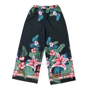 Emery Rose Women's Large Wide-Leg Pants Black Tropical Floral High Rise‎ Flowy